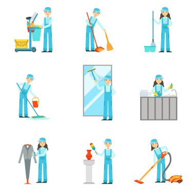 Mavi üniformalı temizlik hizmeti sağlayan çizimleri ayarla