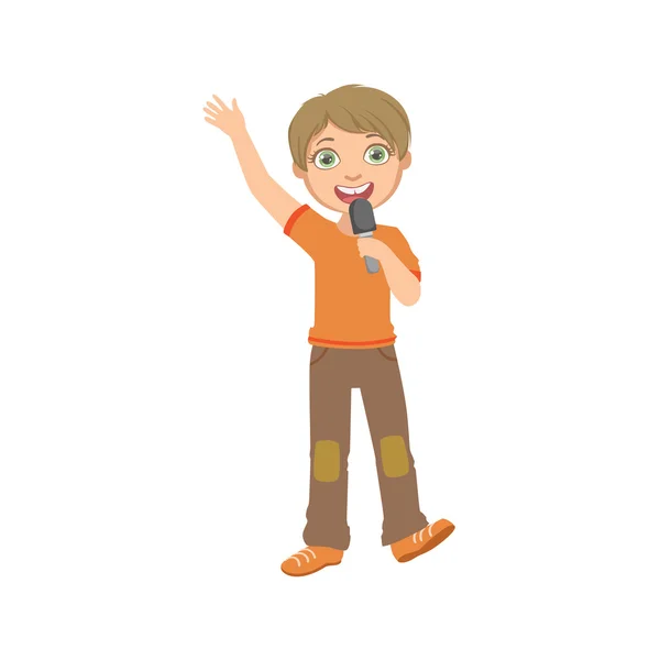 Menino de t-shirt laranja cantando em karaoke —  Vetores de Stock