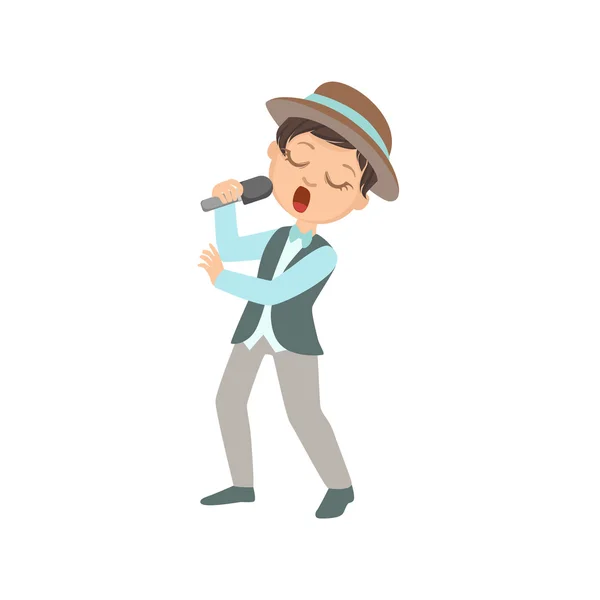 Boy In Hat Singing In Karaoke — Stock vektor