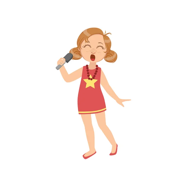 Chica en vestido rojo cantando en karaoke — Vector de stock