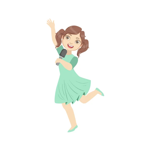 Chica en vestido azul cantando en karaoke — Vector de stock