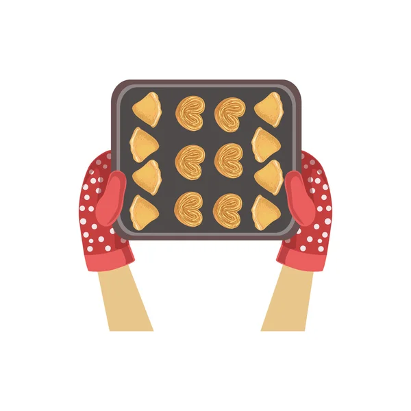Criança com ilustração de bandeja de biscoito apenas mãos visíveis de cima — Vetor de Stock
