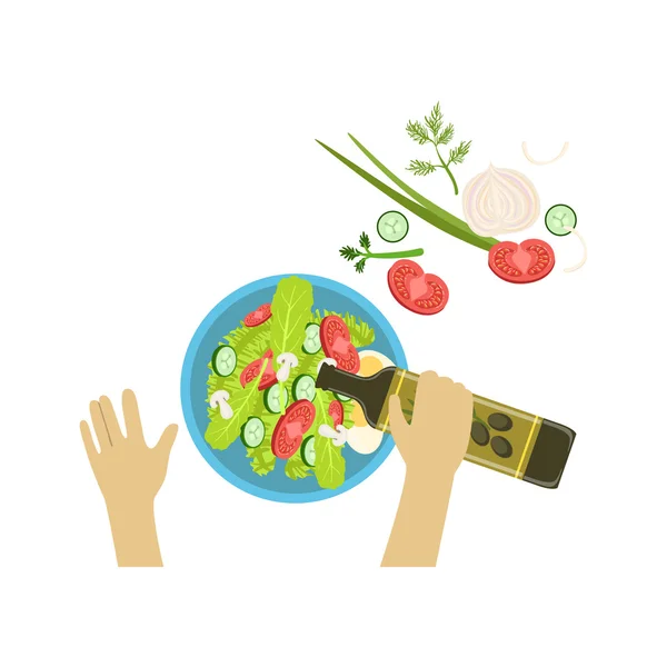 Ilustración de ensalada de cocina infantil con solo las manos visibles desde arriba — Vector de stock