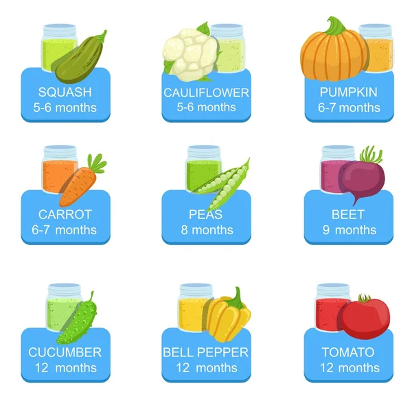 Conjunto infográfico de alimentos para bebês de adesivos — Vetor de Stock