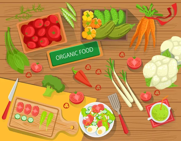 Tabela com legumes orgânicos frescos e atributos de cozinha vista de cima —  Vetores de Stock