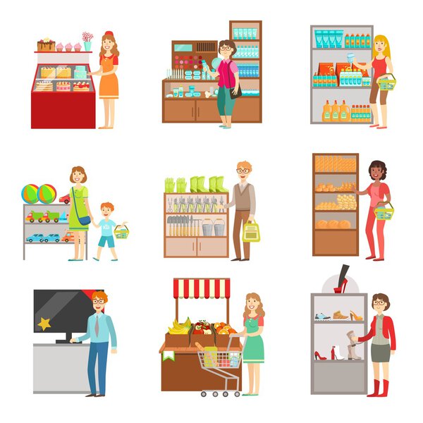 Набор иллюстраций для магазинов в универмаге
