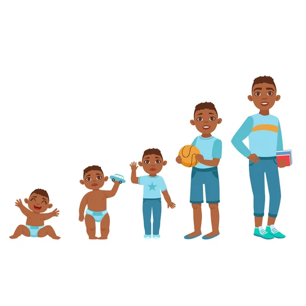 黑人男孩生长在不同年龄阶段与插图 — 图库矢量图片