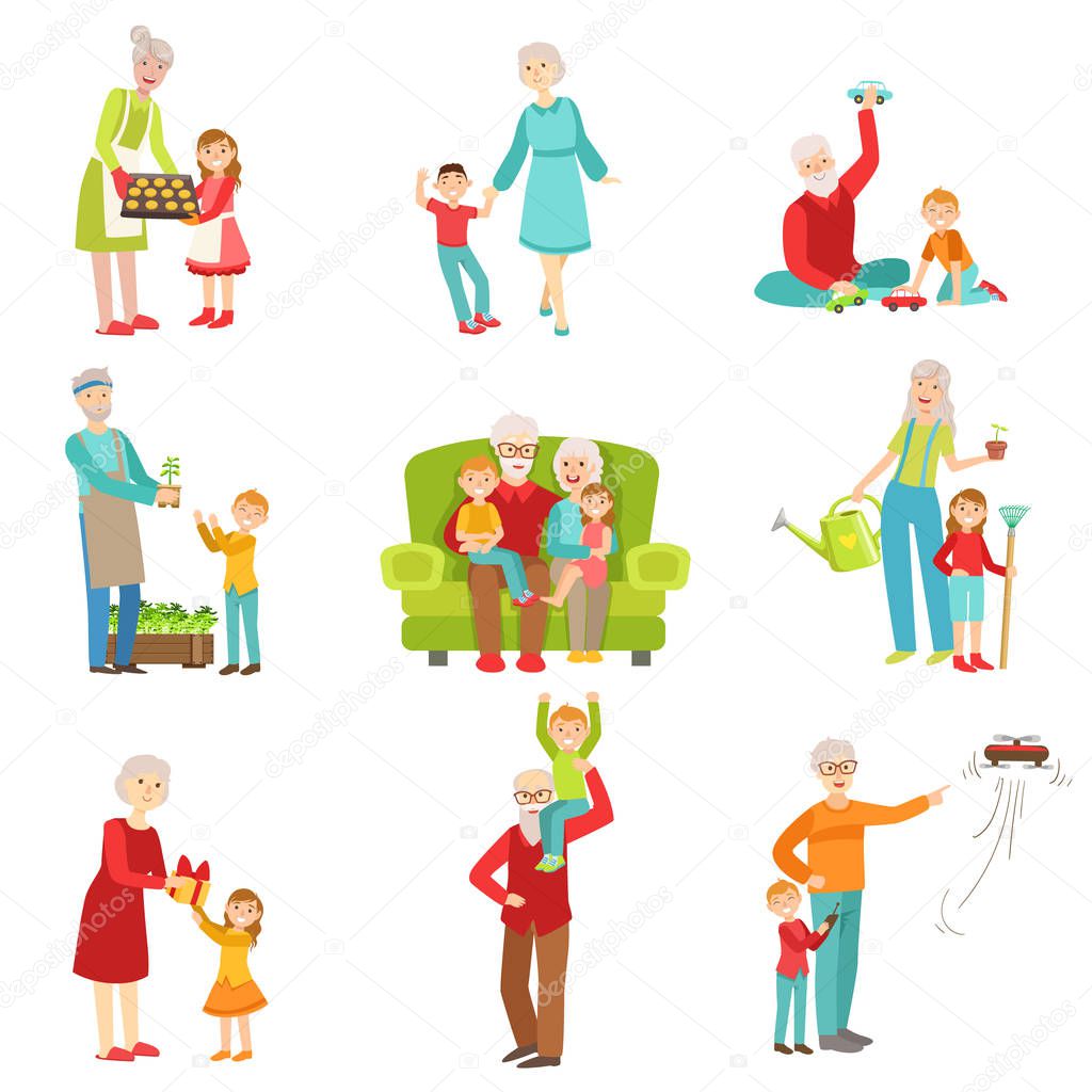 Grandparents And Kids Having Fun Together Set Of Illustrations