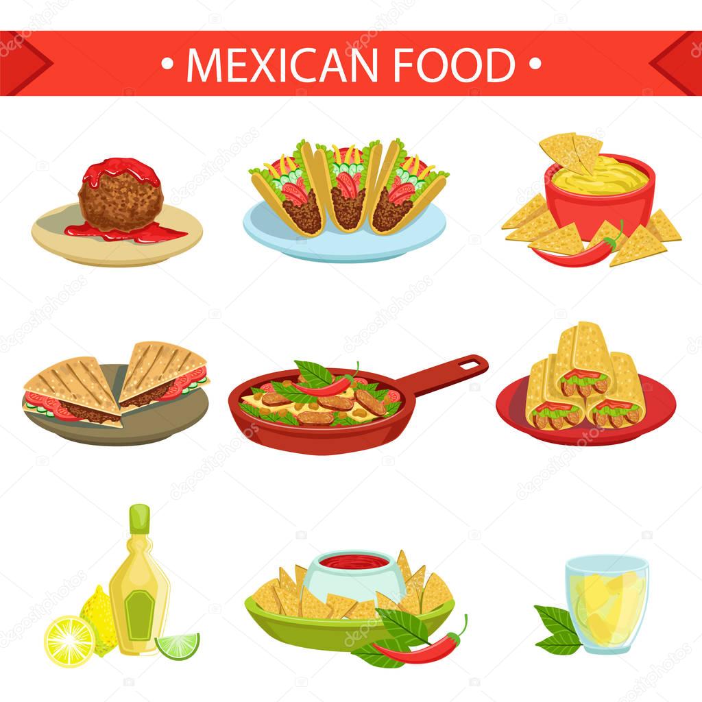 Mexican Food Famous Dishes Illustration Set