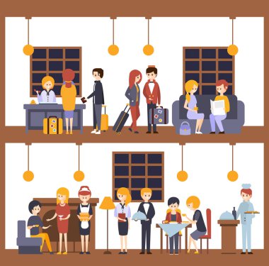 İki illüstrasyonlar, Resepsiyon ve Restoran otelde sahnelerde
