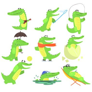 Humanized Crocodile Character Every Day Activities Collection Of Illustrations clipart