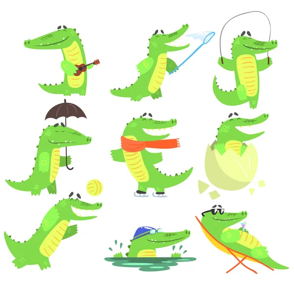 Humanized Crocodile Character Every Day Activities Collection Of Illustrations — Stock Vector