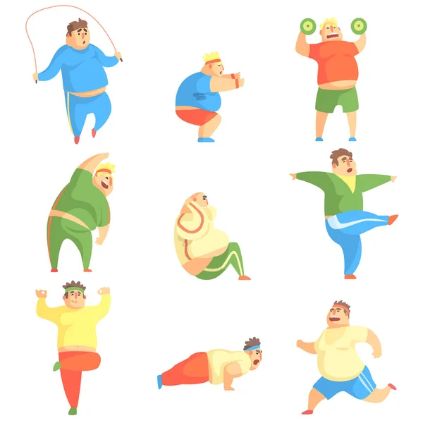 Homme joufflu drôle personnage faisant salle de gym séance d'entraînement ensemble d'illustrations — Image vectorielle