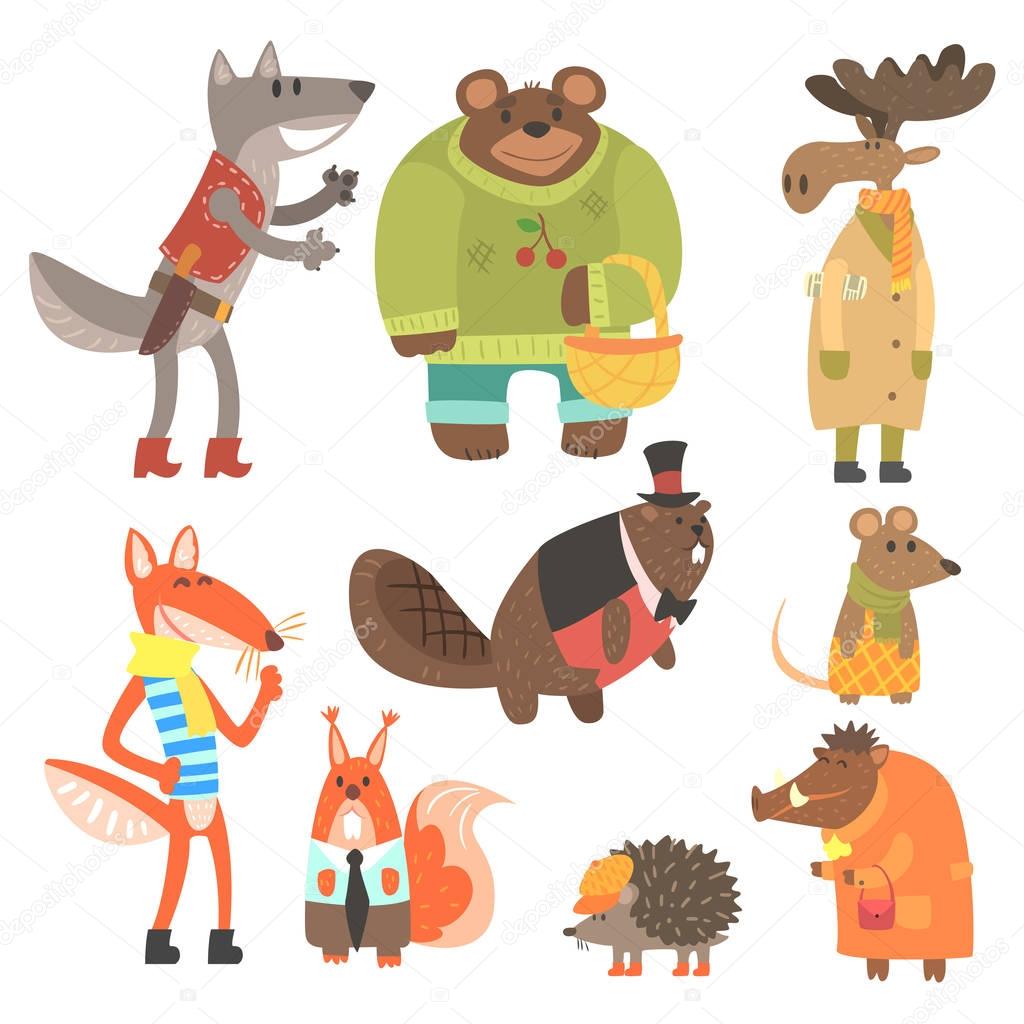 Animali della foresta vestiti In vestiti umani insieme delle illustrazioni Raffreddare la Cute Cartoon personaggi animali disegni vettoriali in piatto In