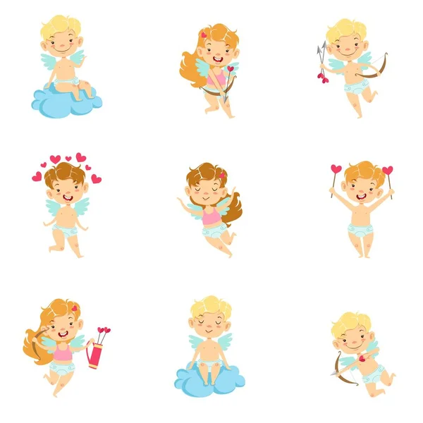 Baby Cupids With Bows, Arrows And Hearts Set — Stock Vector