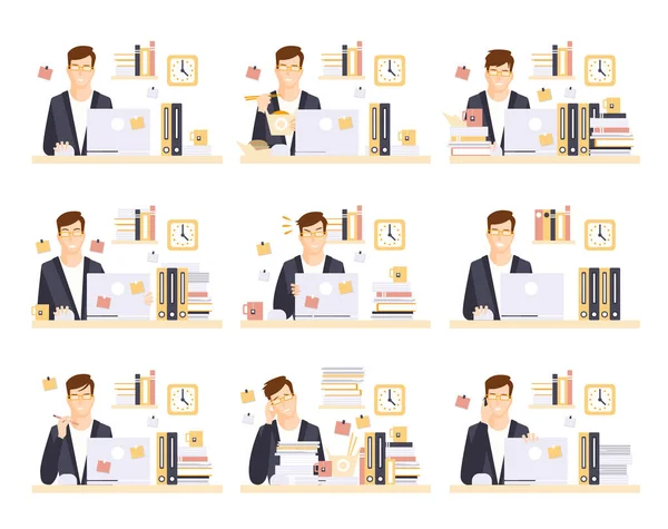 Male Office Worker In His Cubicle Working Set Of Illustrations — Stock Vector