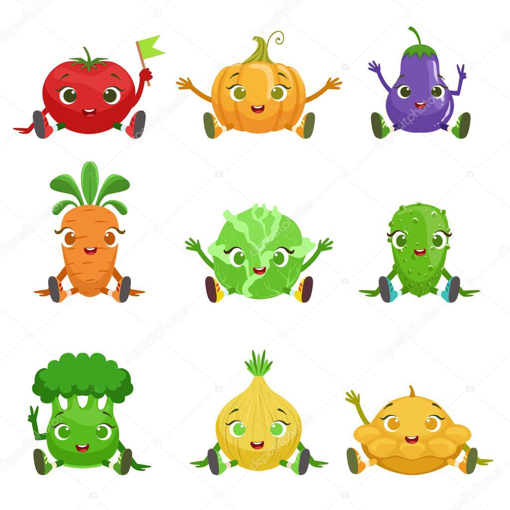 座っていると手を振って野菜かわいいガーリーな文字 — ストックベクター