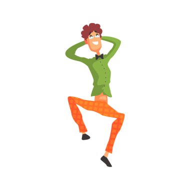 Flamboyant Know-it-all Guy Character In Green Shirt And Orange Trousers clipart