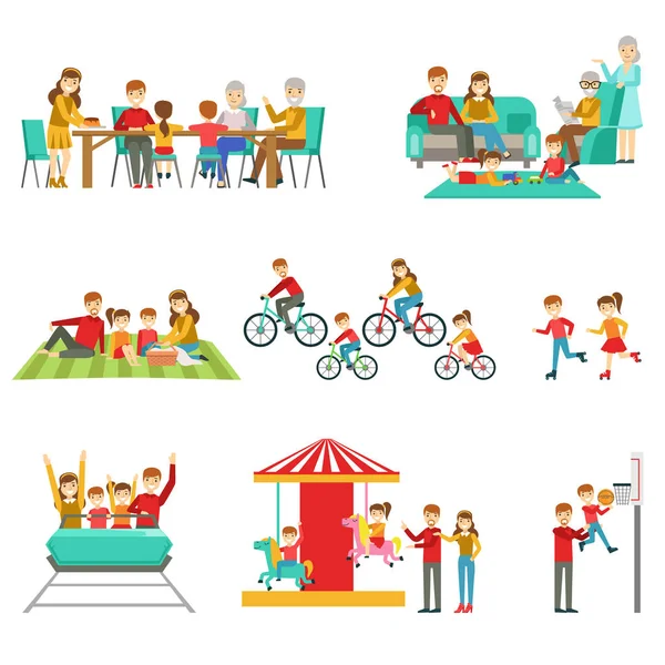 Happy Family Having Good Time Together Set Of Illustrations — Stock Vector