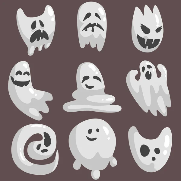 White Ghosts In Childish Cartoon Manner Set On Dark Background. — Stock Vector