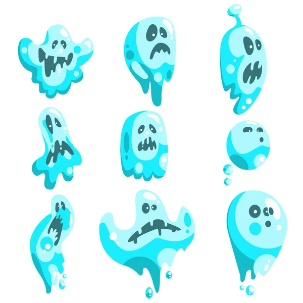 Blue Ghosts In Childish Cartoon Manner Set On White Background. - Stok Vektor