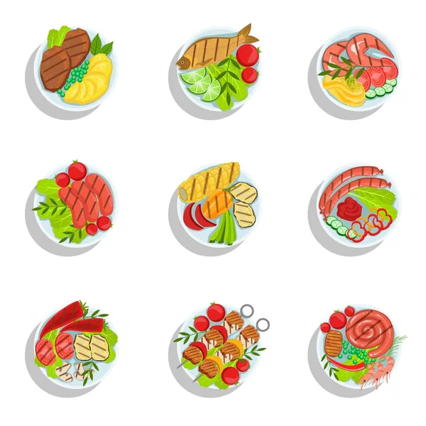 Oktoberfest Grill Set Of Food Plates Illustrations From Above - Stok Vektor