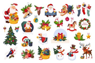 Beyaz arka plan üzerinde klasik güzel Noel çıkartmaları