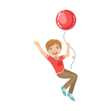 Büyük kırmızı balonda asılı uçan çocuk