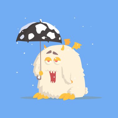 Beyaz tüylü canavar küçük kanatlar ve kışın şemsiye ile