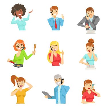 İllüstrasyonlar Telefon setinde konuşan insanlar
