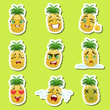 Ananas şirin Emoji çıkartmaları kümesi yeşil zemin üzerine