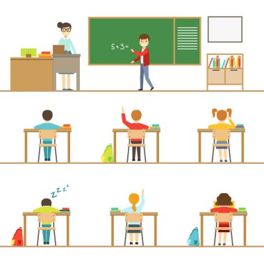 Matematik sınıf ve illüstrasyonlar masaları kümesi arkasında çocuklar