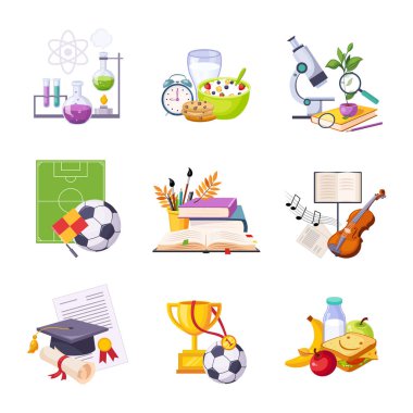 Farklı okul sınıfları ve faaliyetleri ilgili nesne kümeleri