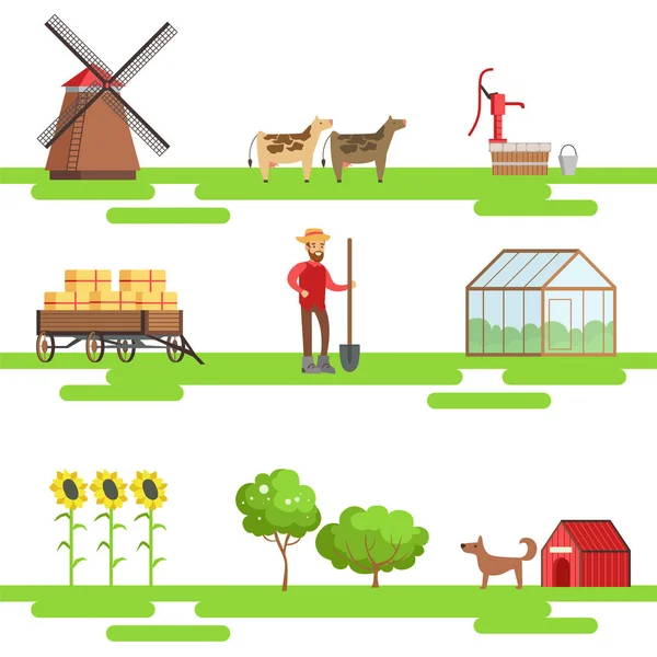 Elementos agrícolas em estilo geométrico conjunto de ilustrações — Vetor de Stock