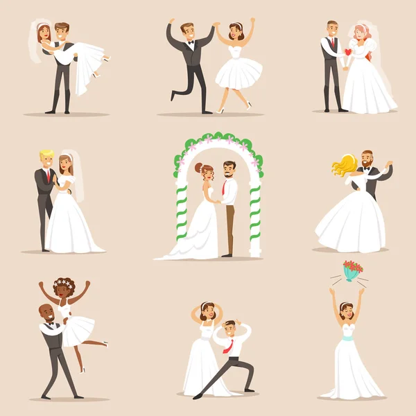 Poz ve dans düğün üzerinde yeni evliler sahneleri ayarla — Stok Vektör