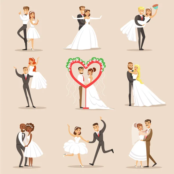 Glückliches Brautpaar auf der Hochzeitsfeier Szenerie — Stockvektor