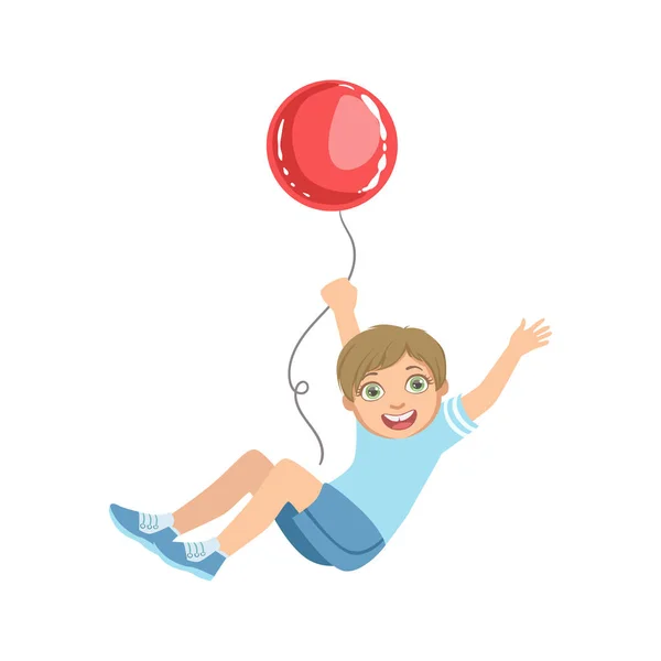 Menino pendurado no balão vermelho grande — Vetor de Stock