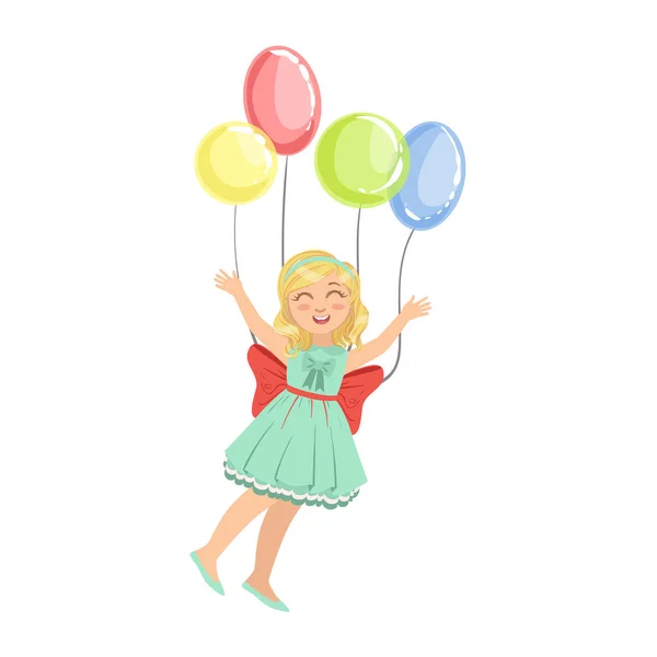 Niña volando en el aire con cuatro globos de fiesta — Archivo Imágenes Vectoriales