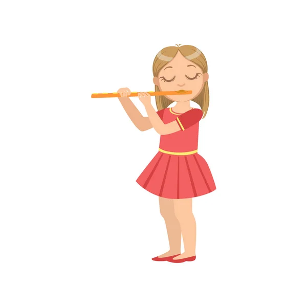 Flicka i röd klänning som spelar flöjt — Stock vektor