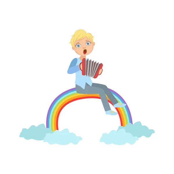 Fiú játék harmonika Rainbow és a felhők díszítéssel — Stock Vector