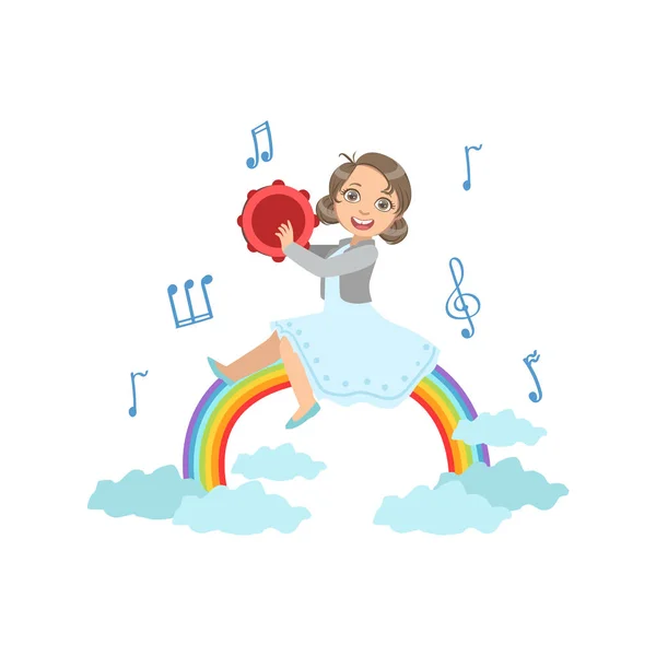 Lány játszik csörgődob, Rainbow és a felhők díszítéssel — Stock Vector