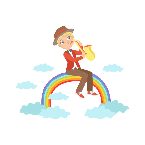 Fiú játszik szaxofon, Rainbow és a felhők díszítéssel — Stock Vector