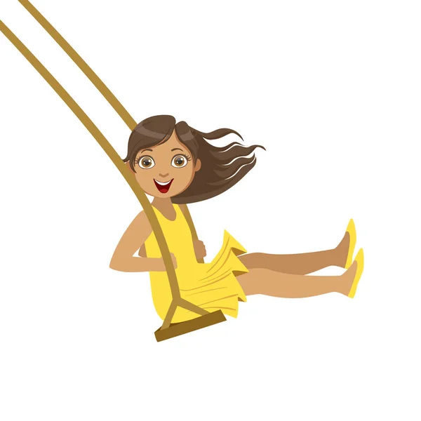 Дівчина в жовтому платті на мотузці гойдалки — стоковий вектор
