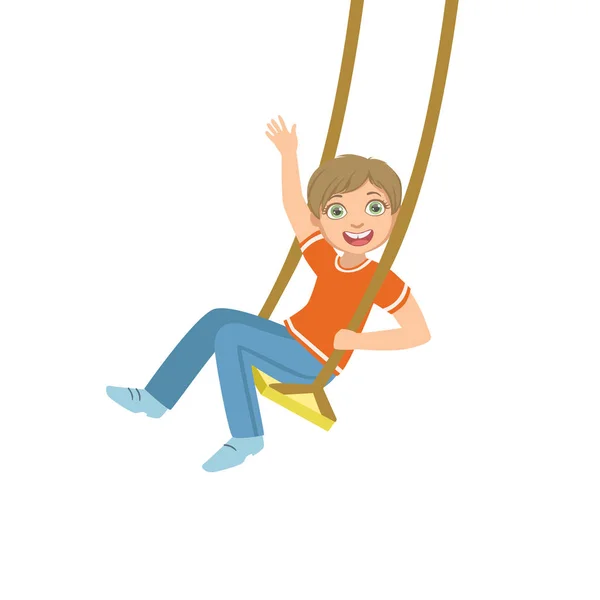 Boy On The Rope Swings Waving — Stock Vector