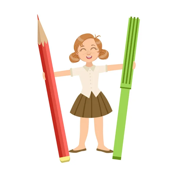Chica en uniforme escolar con lápiz gigante y lápiz de colores — Vector de stock
