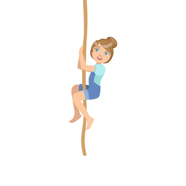 Menina escalando uma corda como exercício de classe de educação física — Vetor de Stock