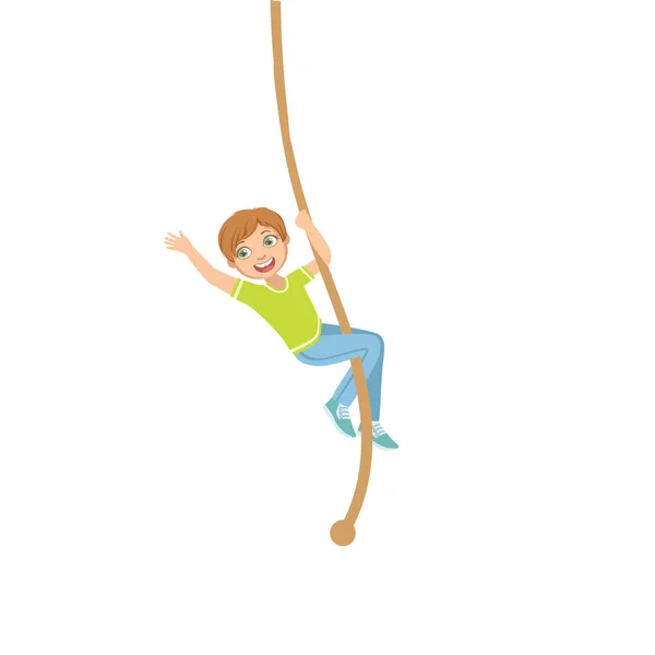 Jongen klimmen een touw In de lichamelijke opvoeding klasse In de School — Stockvector