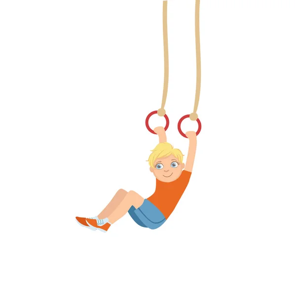 Jongen doet Turnen op twee ringen, touwen hangen — Stockvector