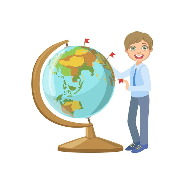 Jongen In schooluniform met gigantische Globe — Stockvector