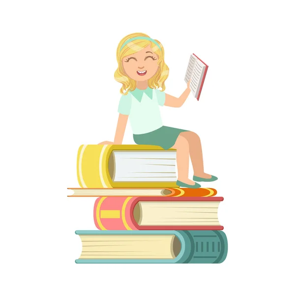 Chica en uniforme escolar sentada en un montón de libros gigantes — Archivo Imágenes Vectoriales